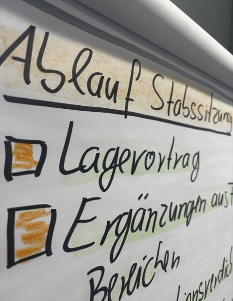 Der obere Teil einer Flipchart, schräg fotografiert. Als Überschrift Ablauf Stabsbesprechung, unterstrichen und orange hervorgehoben. Darunter ein Punkt Lagevortrag und ein Punkt Ergänzungen aus Bereichen